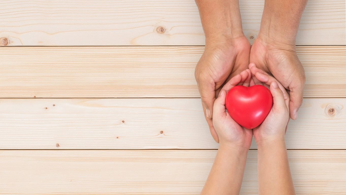 Hands holding a red heart as a symbol of care and support